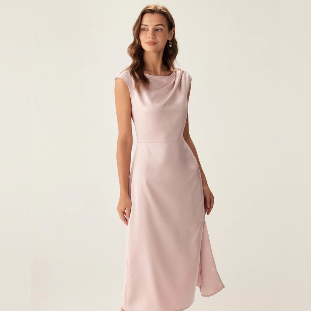 Rihoas Pink Satin Boat Neck Slit Sleeveless Midi Dress - Picture 2 of 5